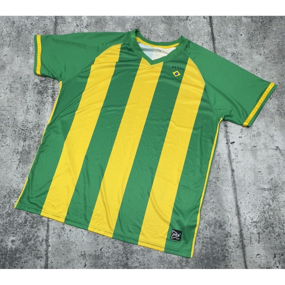 Brazil Jersey Mitre Elite Men XL Yellow & Green Stripe Soccer Shirt Brasil Goal‎